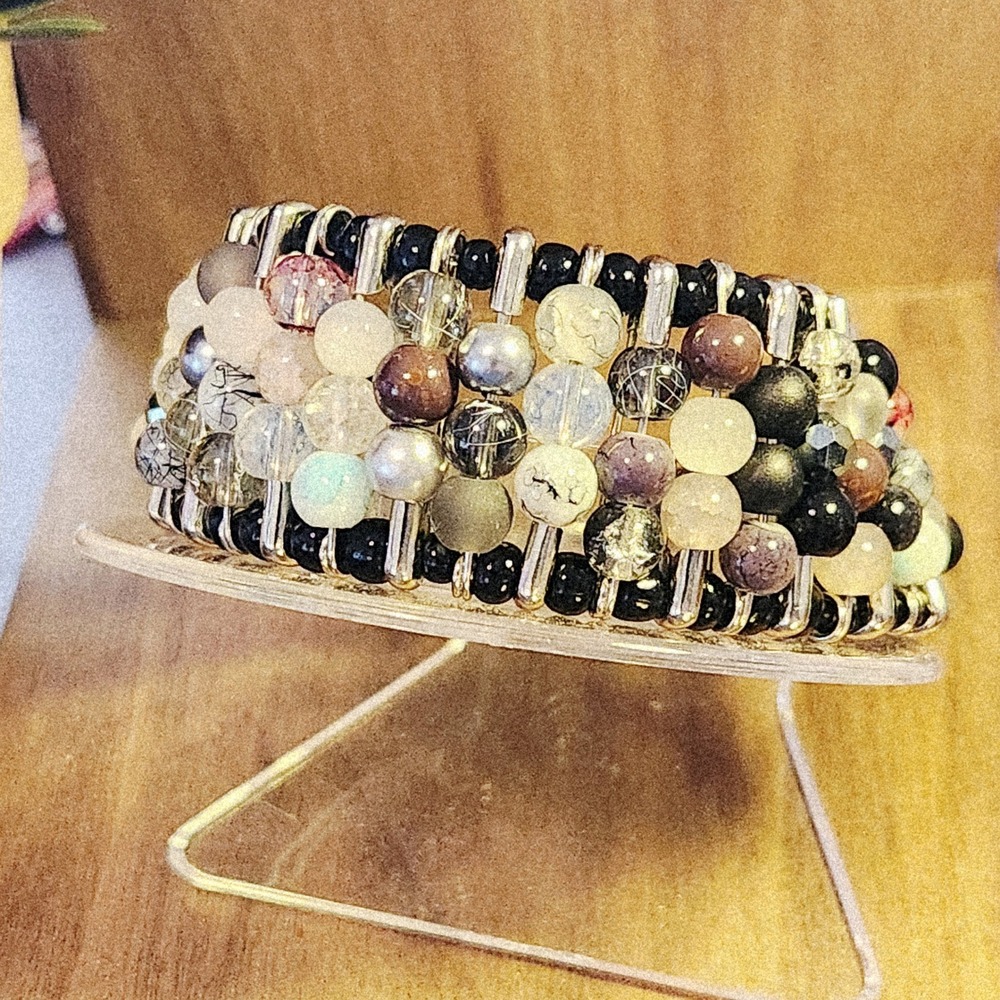 Handmade Safety Pin Beaded Cuff Bracelet Mixed Stone Glass Boho Silver‎ Black 8"